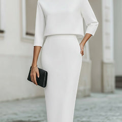 Women's Boat Neck Two Piece Set Midi Skirt 3/4 Sleeve | Autumn - White