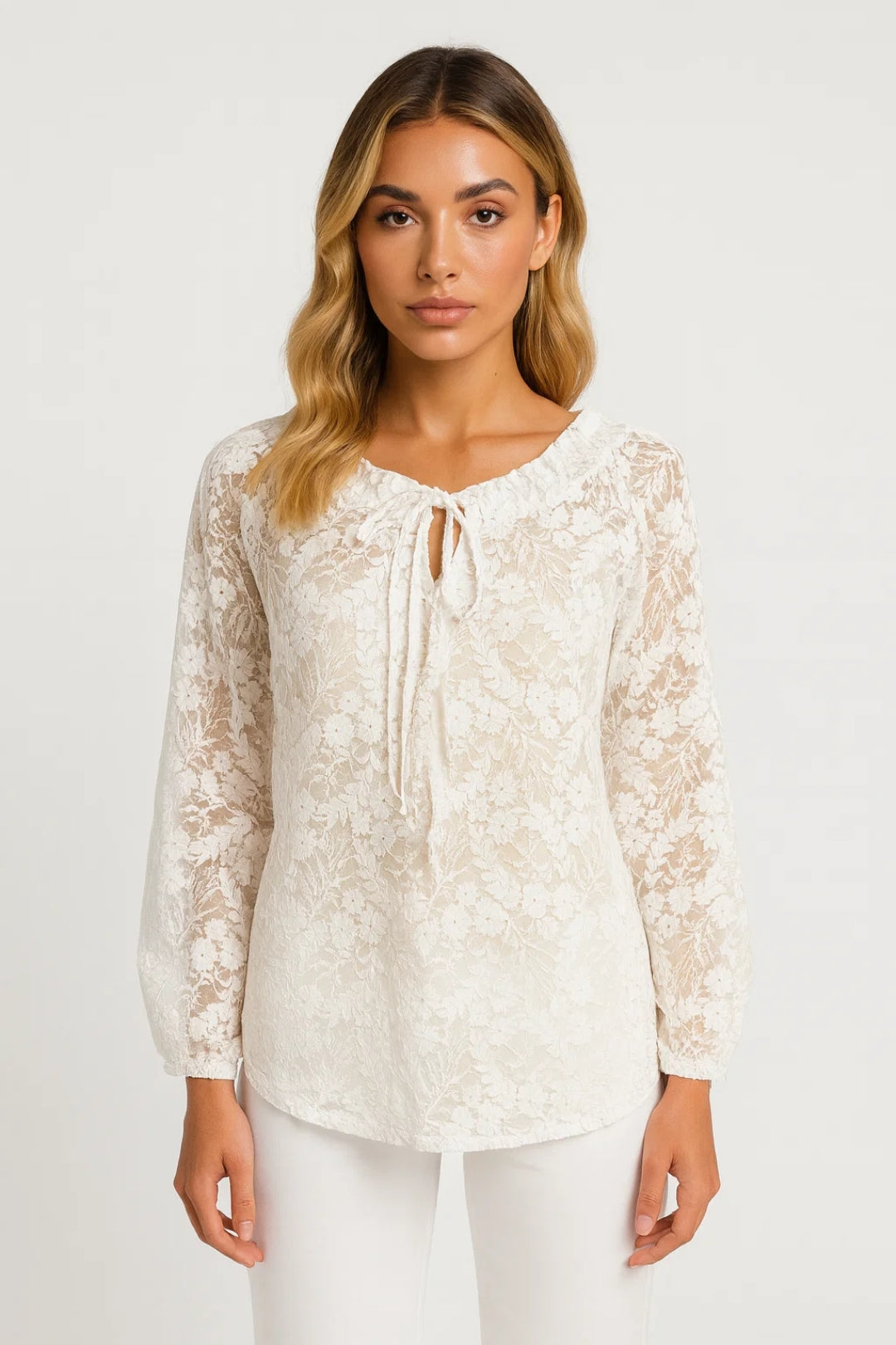 Women's Bohemian Blouse | Tie Neck | Autumn - White