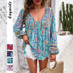 Women's Bohemian Floral V-Neck Tassel Drawstring Tunic Blouse | Spring
