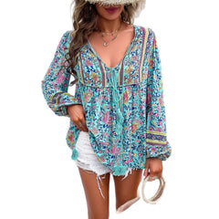 Women's Bohemian Floral V-Neck Tassel Drawstring Tunic Blouse | Spring
