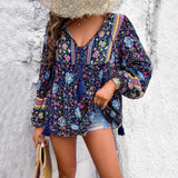 Women's Bohemian Floral V-Neck Tassel Drawstring Tunic Blouse | Spring