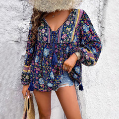 Women's Bohemian Floral V-Neck Tassel Drawstring Tunic Blouse | Spring