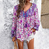 Women's Bohemian Floral V-Neck Tassel Drawstring Tunic Blouse | Spring - Purple