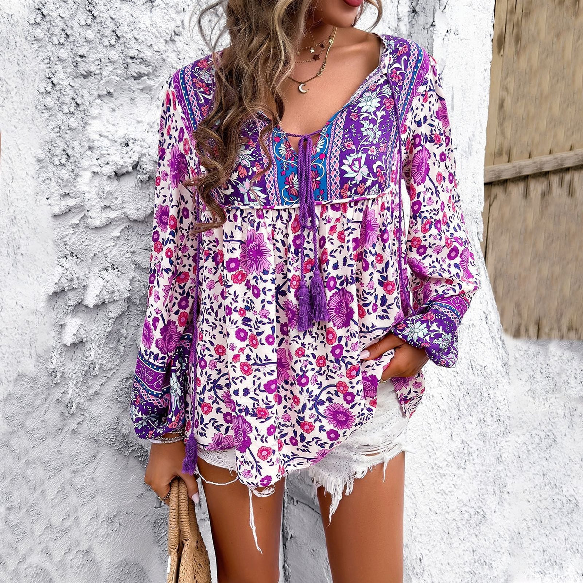 Women's Bohemian Floral V-Neck Tassel Drawstring Tunic Blouse | Spring - Purple