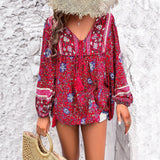 Women's Bohemian Floral V-Neck Tassel Drawstring Tunic Blouse | Spring - Red