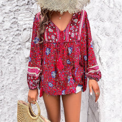 Women's Bohemian Floral V-Neck Tassel Drawstring Tunic Blouse | Spring - Red