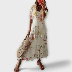 Women's Bohemian Maxi Dress - Flowing Print | Summer - Beige