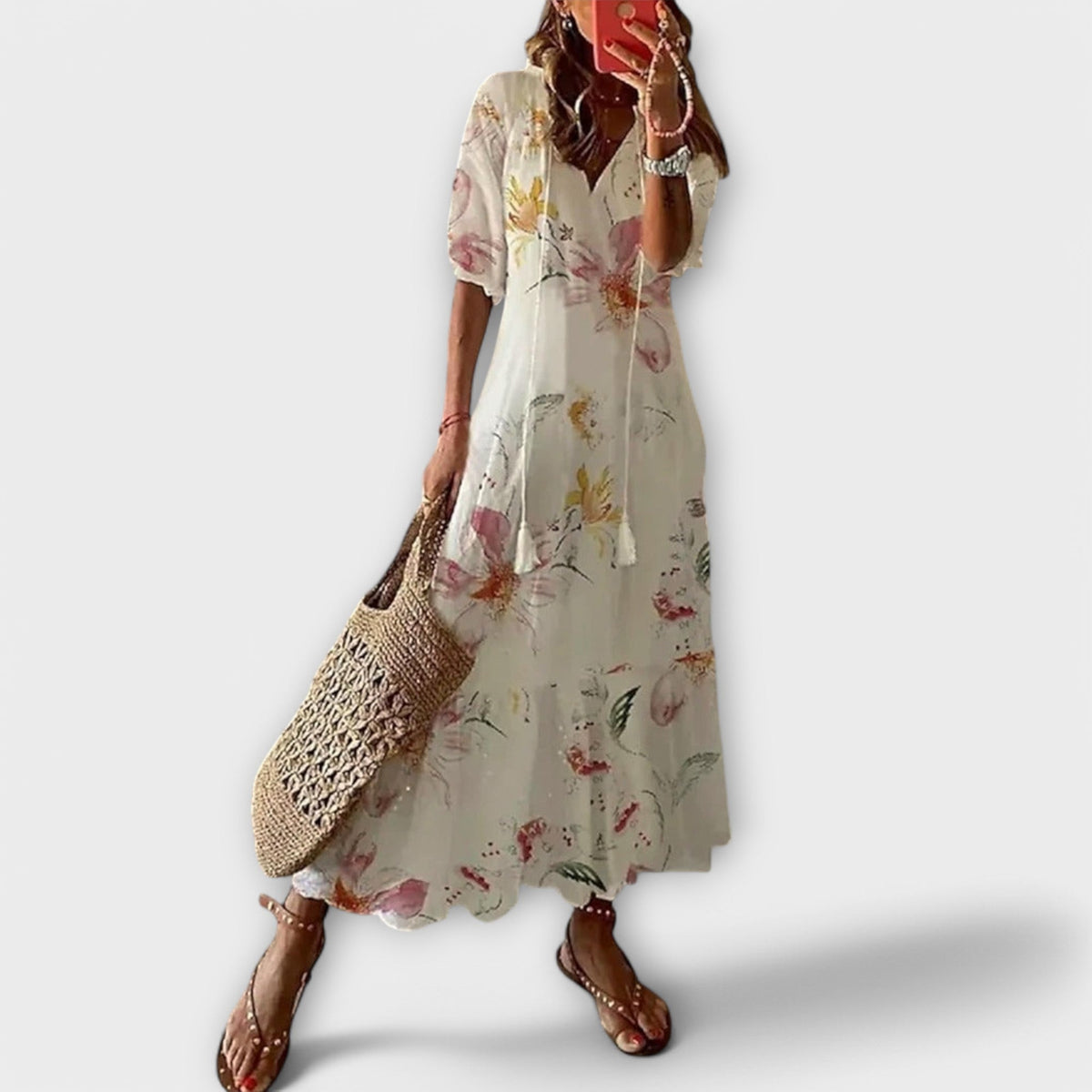 Women's Bohemian Maxi Dress - Flowing Print | Summer - Beige