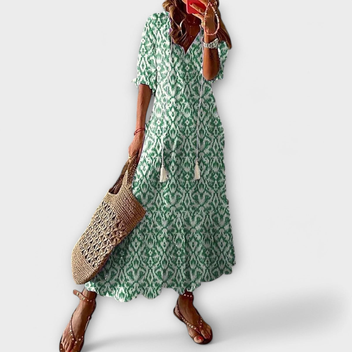 Women's Bohemian Maxi Dress - Flowing Print | Summer - Green