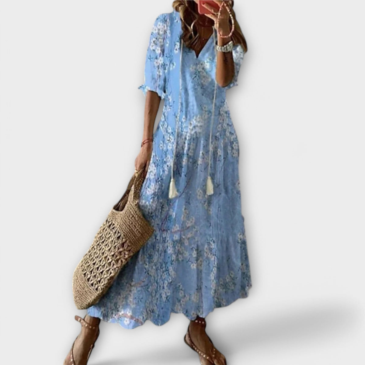 Women's Bohemian Maxi Dress - Flowing Print | Summer - Light Blue