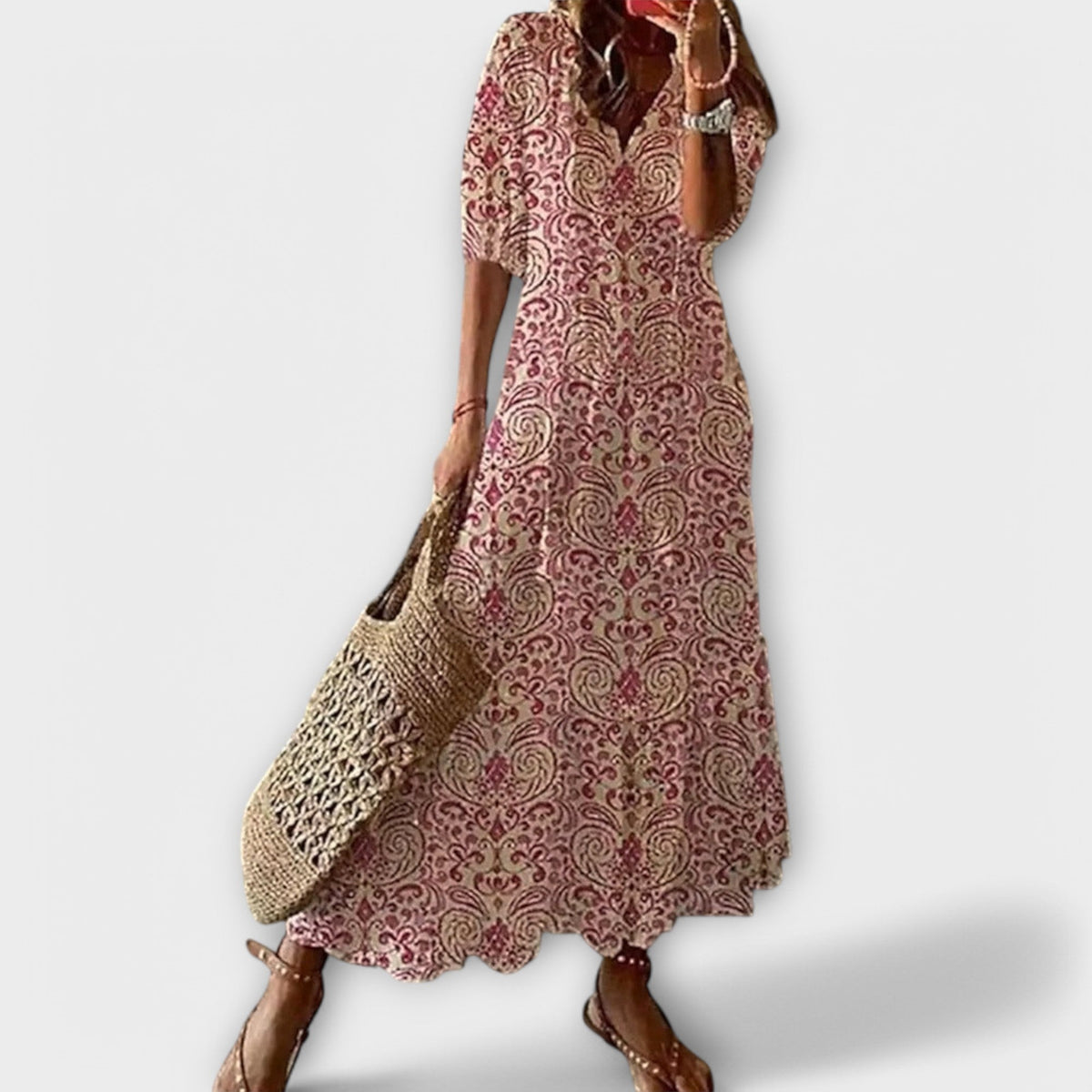 Women's Bohemian Maxi Dress - Flowing Print | Summer - Pink