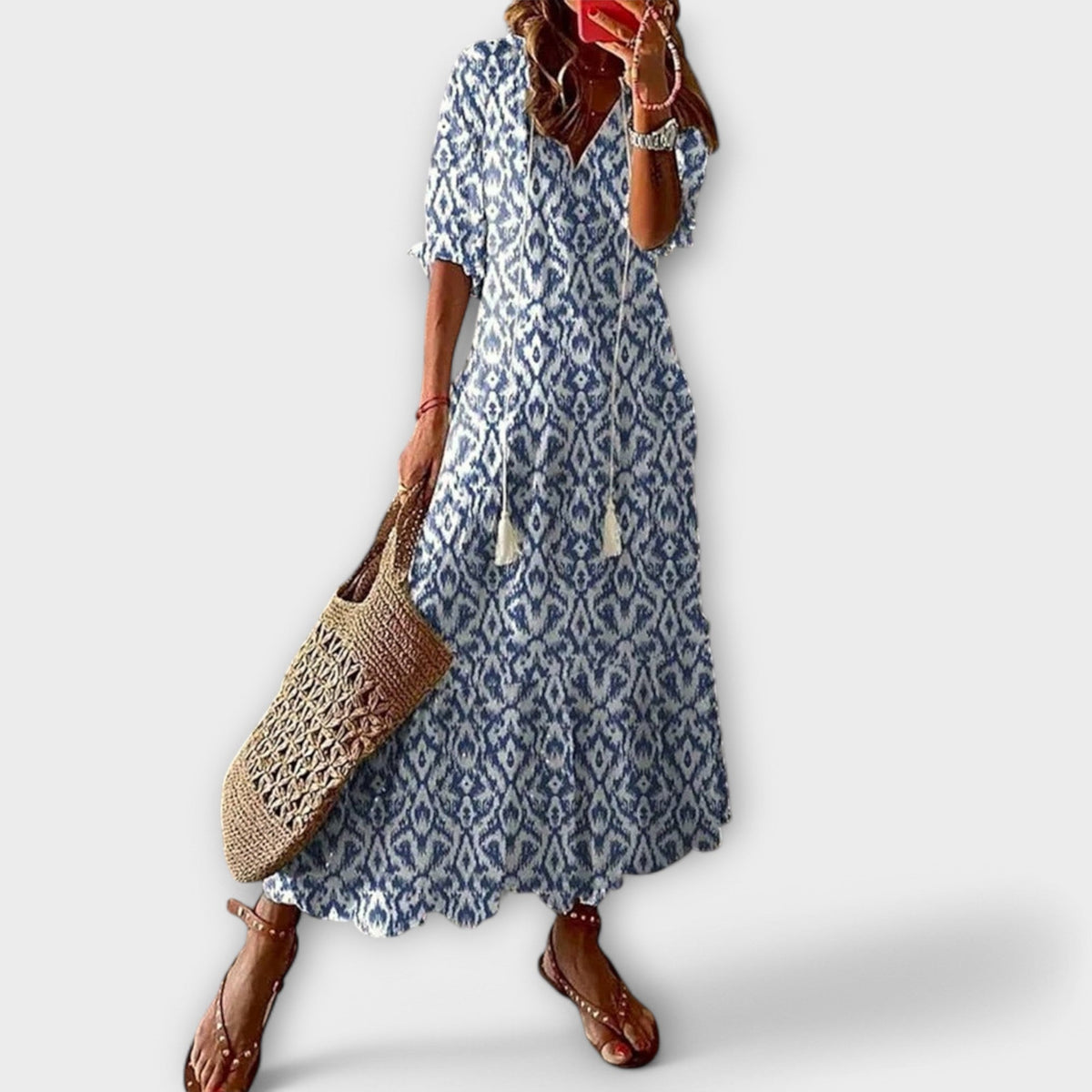 Women's Bohemian Maxi Dress - Flowing Print | Summer - Sky Blue