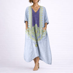 Women's Bohemian Paisley Maxi Dress - Flowing A-Line Wedding Guest - Blue & Purple