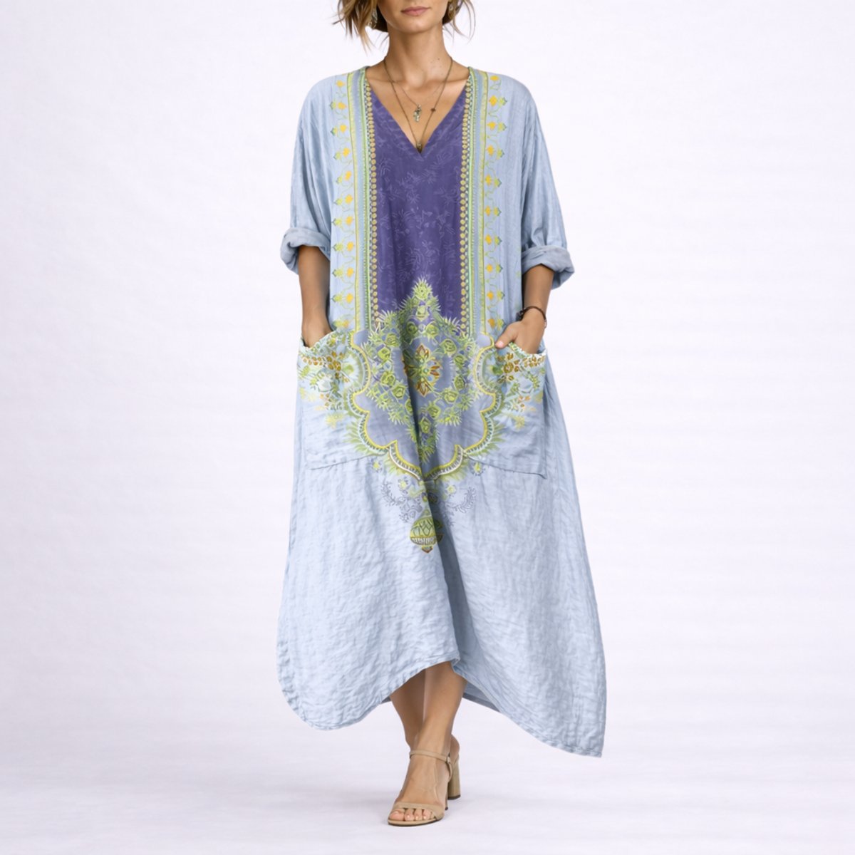Women's Bohemian Paisley Maxi Dress - Flowing A-Line Wedding Guest - Blue & Purple