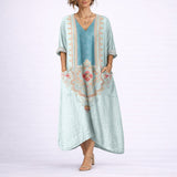 Women's Bohemian Paisley Maxi Dress - Flowing A-Line Wedding Guest - Green & Blue