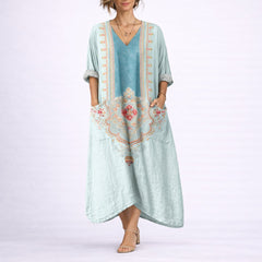 Women's Bohemian Paisley Maxi Dress - Flowing A-Line Wedding Guest - Green & Blue