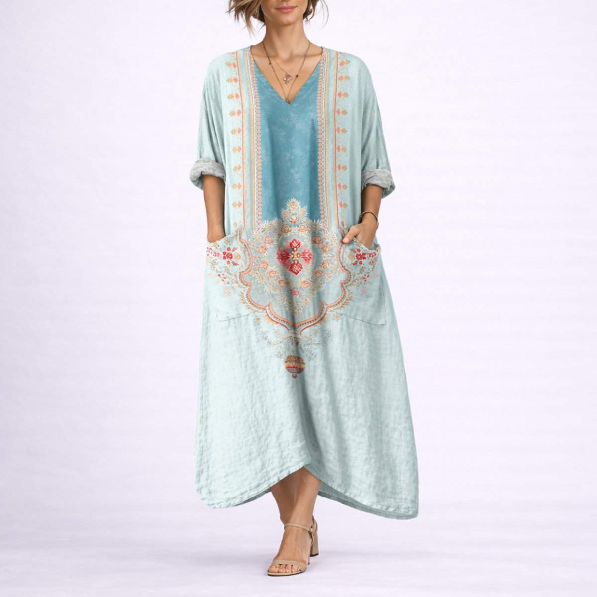 Women's Bohemian Paisley Maxi Dress - Flowing A-Line Wedding Guest - Green & Blue