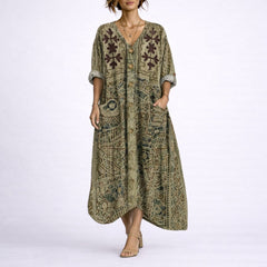 Women's Bohemian Paisley Maxi Dress - Flowing A-Line Wedding Guest - Green