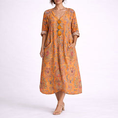 Women's Bohemian Paisley Maxi Dress - Flowing A-Line Wedding Guest - Orange