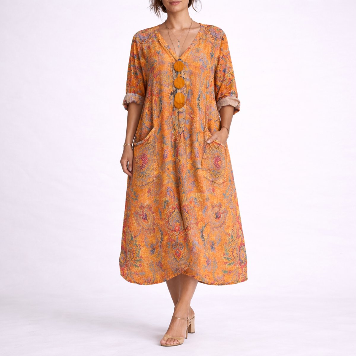 Women's Bohemian Paisley Maxi Dress - Flowing A-Line Wedding Guest - Orange