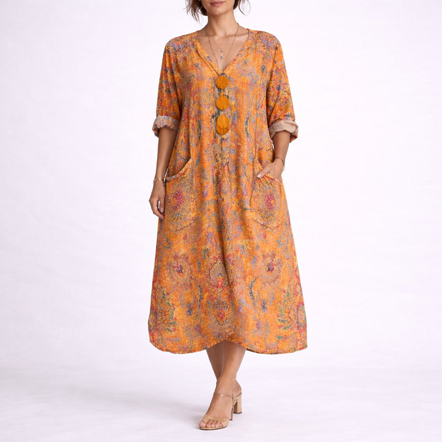 Women's Bohemian Paisley Maxi Dress - Flowing A-Line Wedding Guest - Orange