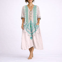 Women's Bohemian Paisley Maxi Dress - Flowing A-Line Wedding Guest - Pink & Green