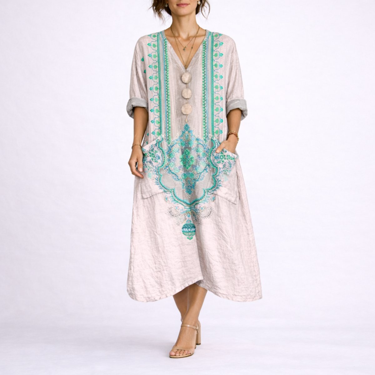Women's Bohemian Paisley Maxi Dress - Flowing A-Line Wedding Guest - Pink & Green