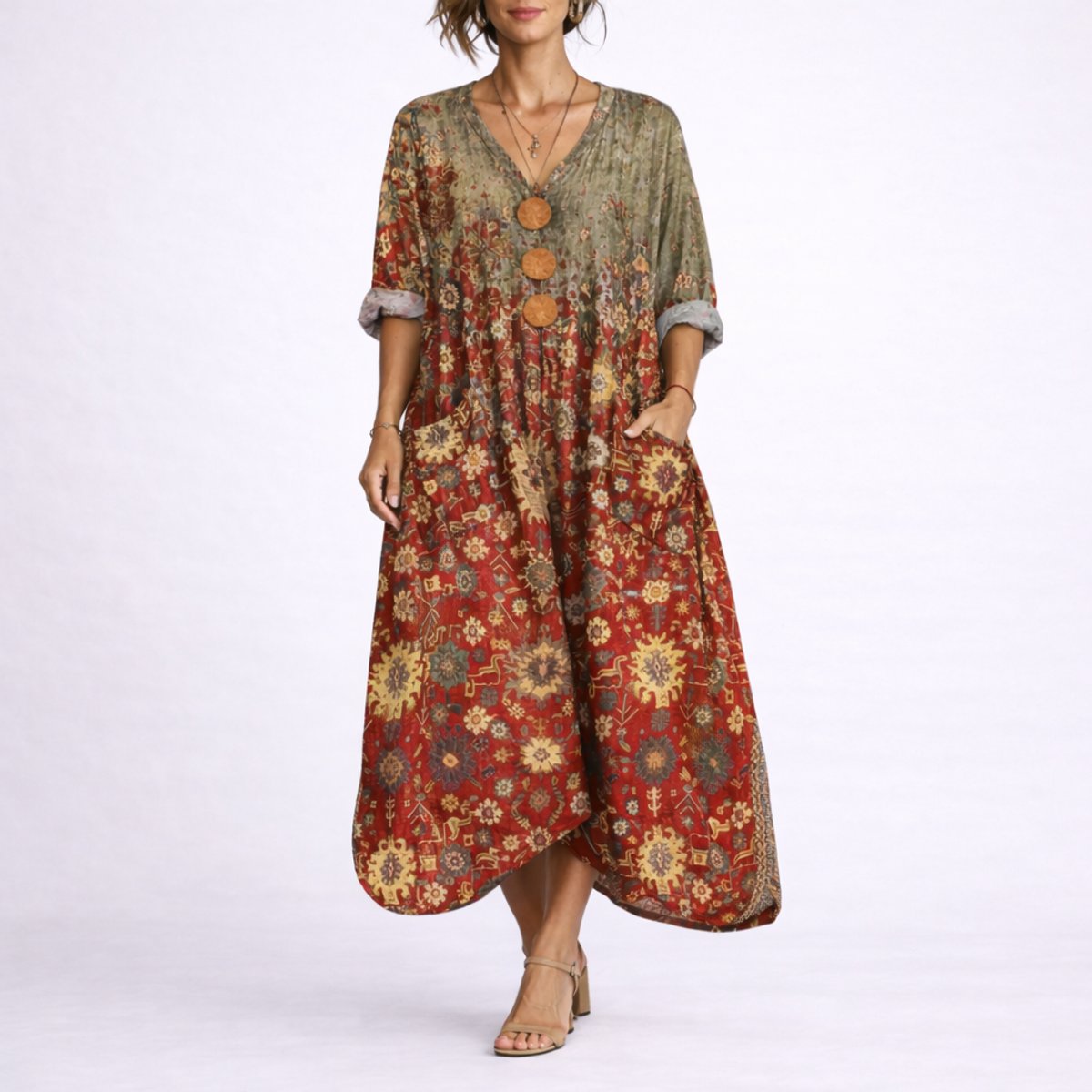 Women's Bohemian Paisley Maxi Dress - Flowing A-Line Wedding Guest - Red 2