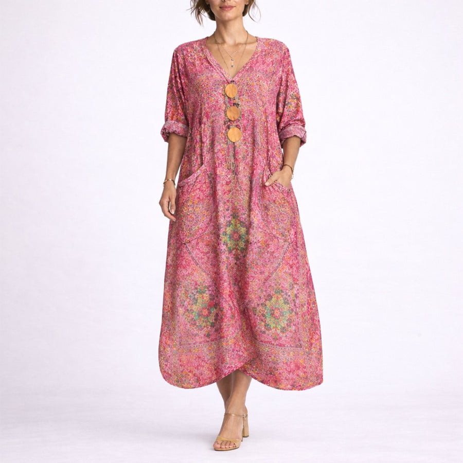Women's Bohemian Paisley Maxi Dress - Flowing A-Line Wedding Guest - Red