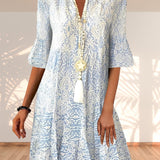 Women's Bohemian Print V-Neck Tunic Dress - Loose Fit | Spring - Size S