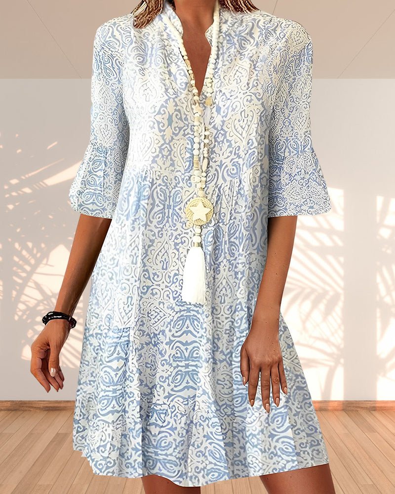 Women's Bohemian Print V-Neck Tunic Dress - Loose Fit | Spring - Size S