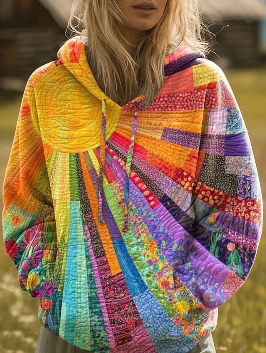 Women's Bohemian Quilted Patchwork Hoodie - Sunburst Design | Autumn - Multicolor