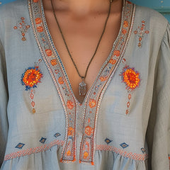 Women's Boho Blouse with Embroidery V-Neck - Light Blue | Spring