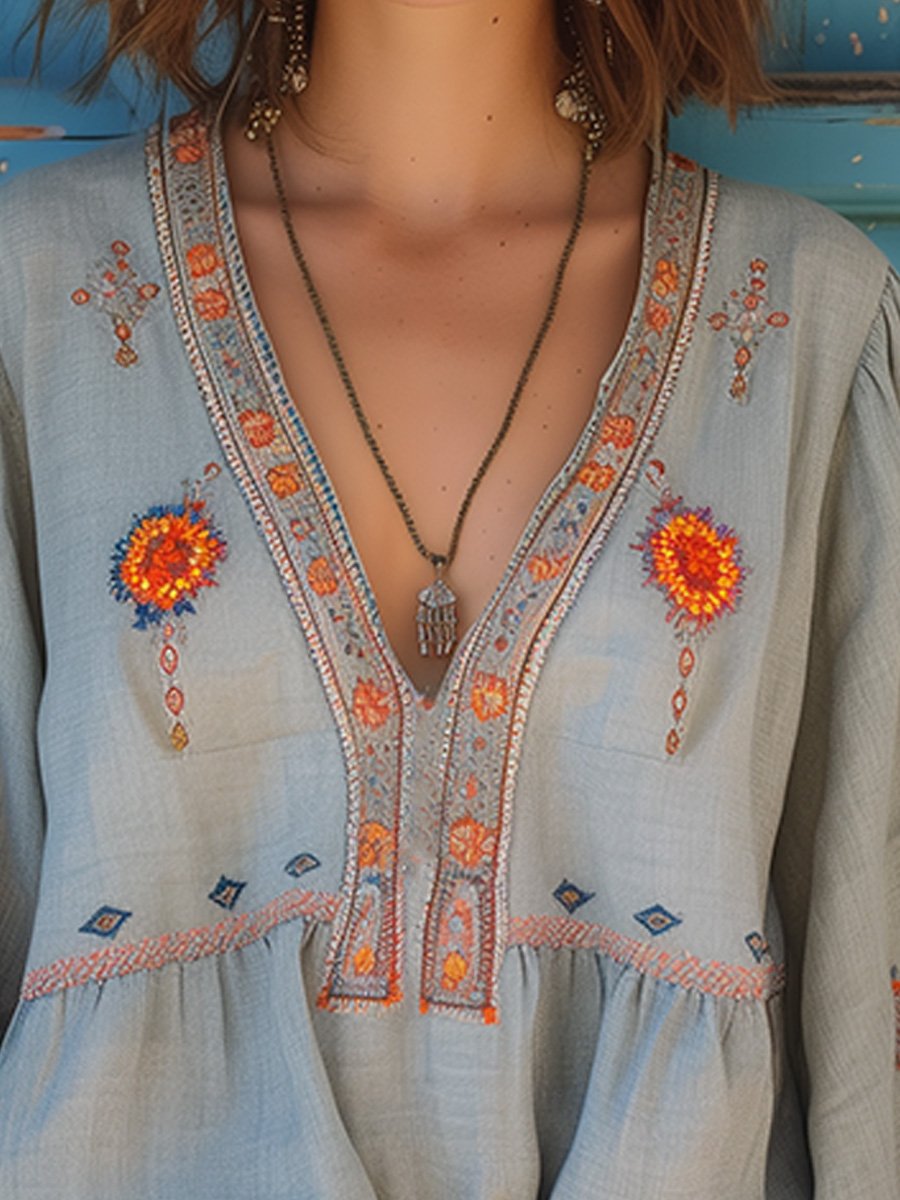 Women's Boho Blouse with Embroidery V-Neck - Light Blue | Spring
