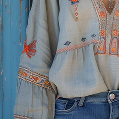 Women's Boho Blouse with Embroidery V-Neck - Light Blue | Spring