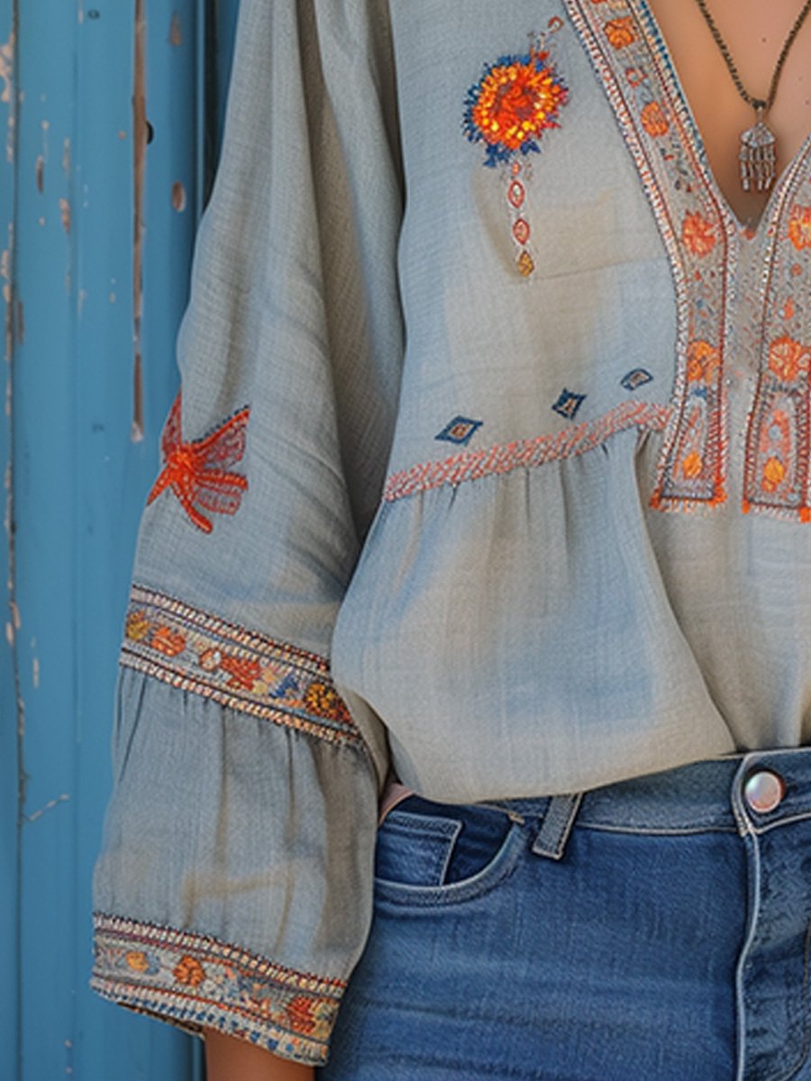 Women's Boho Blouse with Embroidery V-Neck - Light Blue | Spring