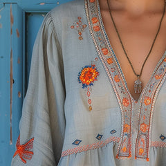Women's Boho Blouse with Embroidery V-Neck - Light Blue | Spring
