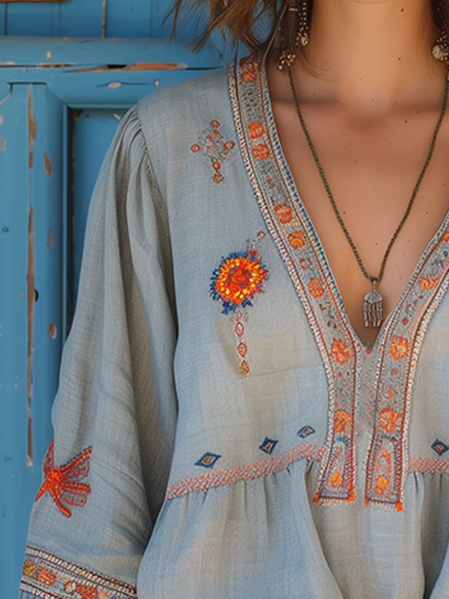 Women's Boho Blouse with Embroidery V-Neck - Light Blue | Spring