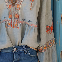 Women's Boho Blouse with Embroidery V-Neck - Light Blue | Spring