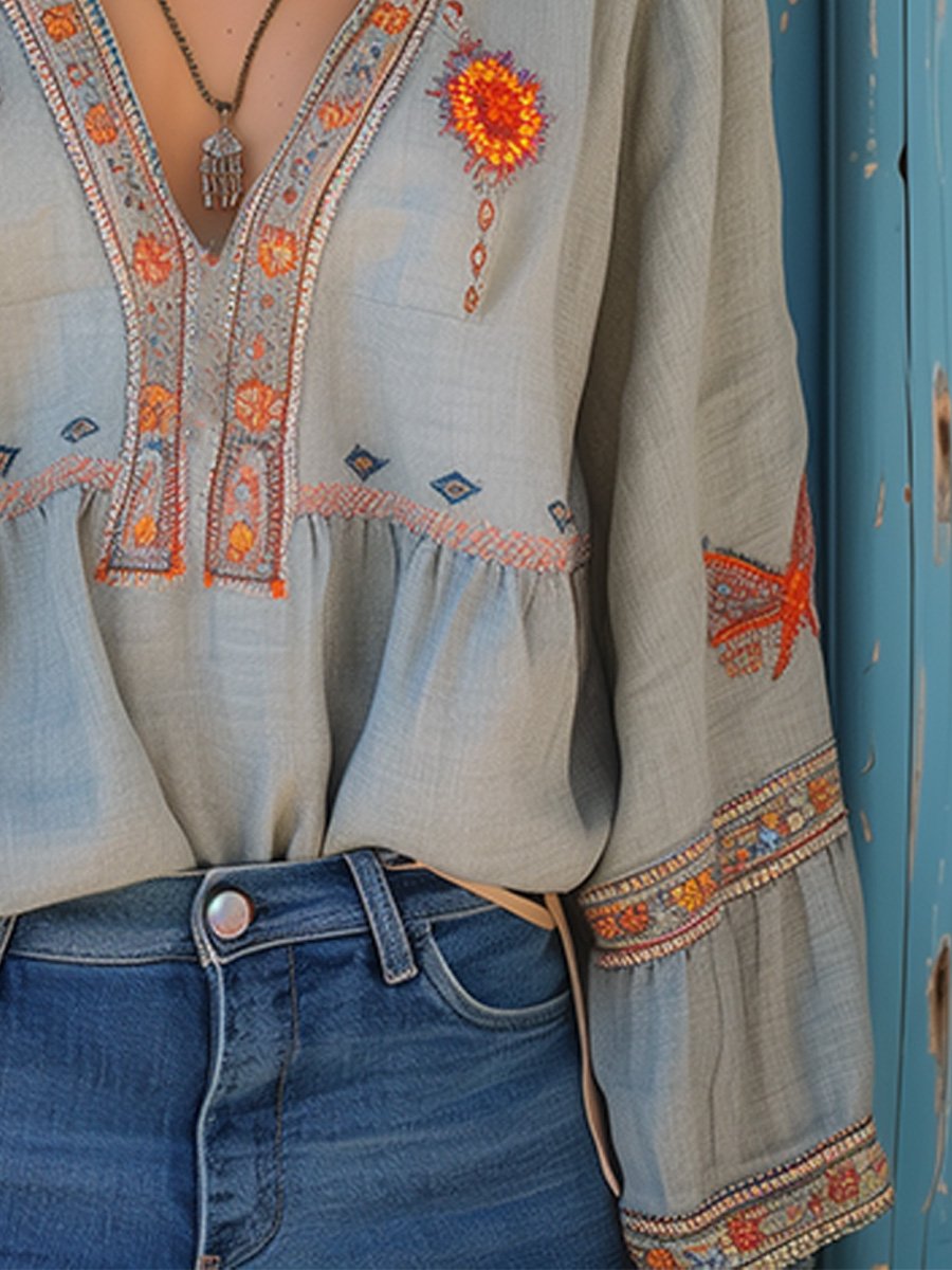 Women's Boho Blouse with Embroidery V-Neck - Light Blue | Spring