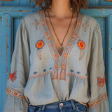 Women's Boho Blouse with Embroidery V-Neck - Light Blue | Spring - Light Blue