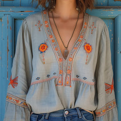 Women's Boho Blouse with Embroidery V-Neck - Light Blue | Spring - Light Blue