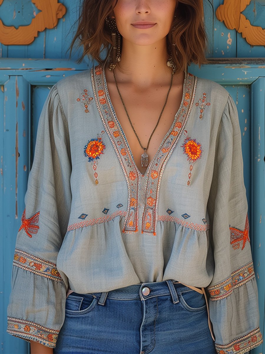 Women's Boho Blouse with Embroidery V-Neck - Light Blue | Spring - Light Blue