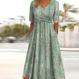 Women's Boho Floral A-Line Midi Dress - Green | Spring - Green