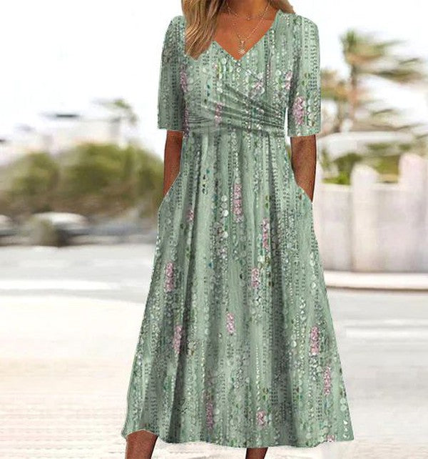 Women's Boho Floral A-Line Midi Dress - Green | Spring - Green