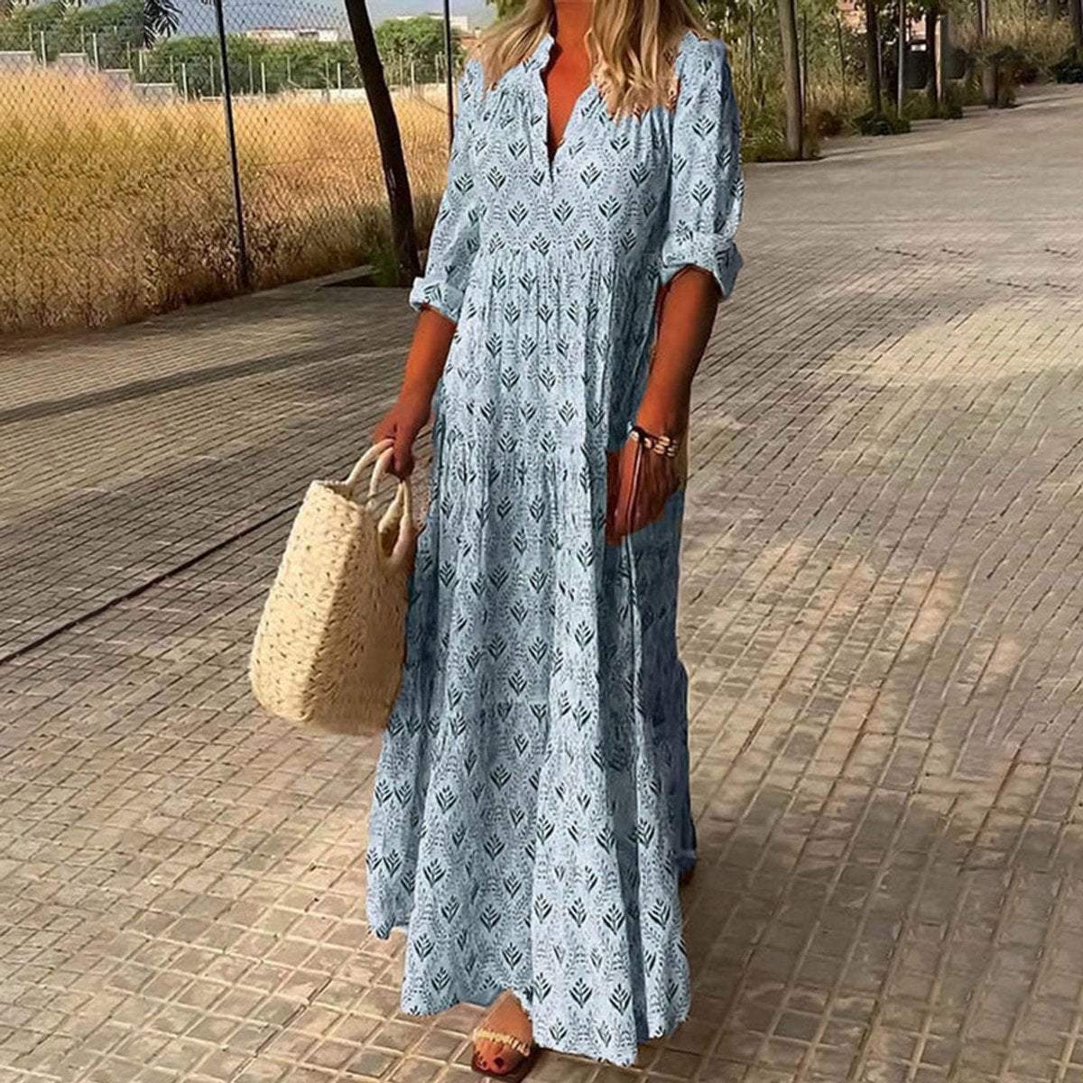Women's Boho Floral Maxi Dress - V-Neck Tiered Silhouette | Spring - Blue