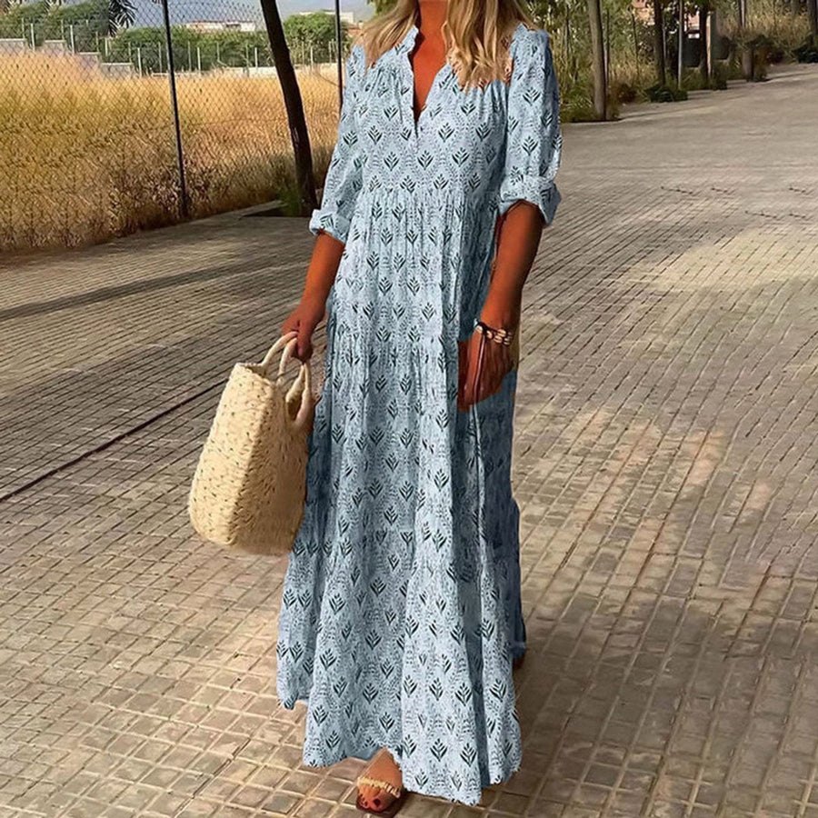 Women's Boho Floral Maxi Dress - V-Neck Tiered Silhouette | Spring - Blue