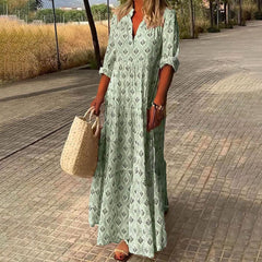 Women's Boho Floral Maxi Dress - V-Neck Tiered Silhouette | Spring - Green