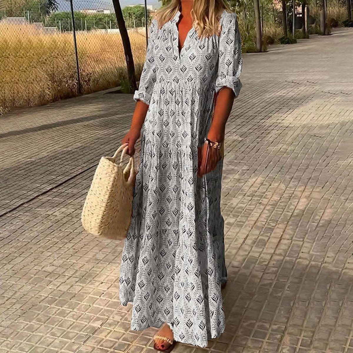 Women's Boho Floral Maxi Dress - V-Neck Tiered Silhouette | Spring - Grey