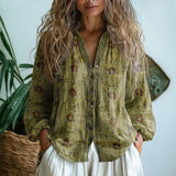 Women's Boho Linen Button-Down Blouse V-Neck Long Sleeve | Autumn - Light Olive Green